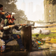 Two soldiers take cover behind a table while being ambushed in an overgrown, post-apocalyptic city.